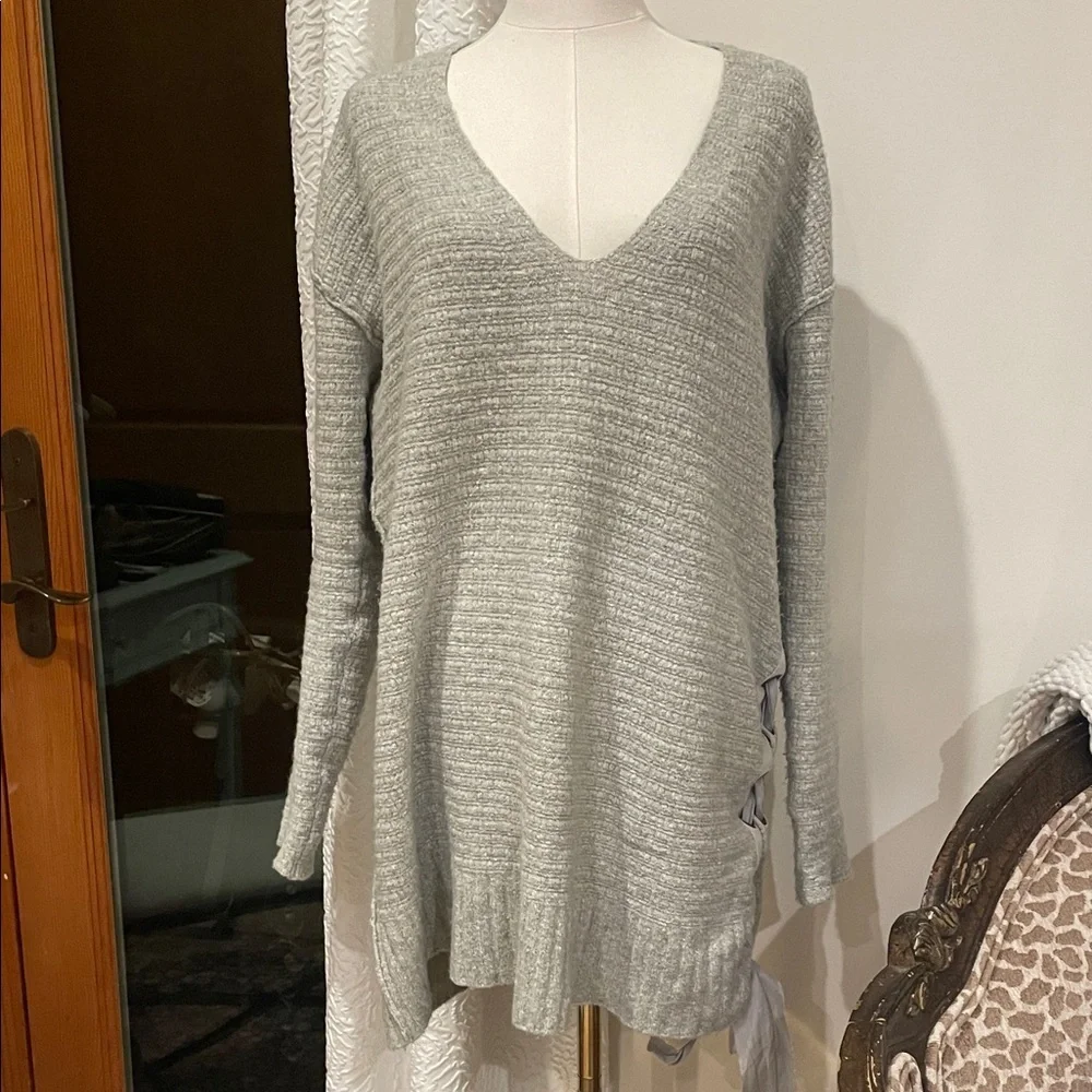 Free People Gray Sweater Tunic Mini Dress with Lace-Up Sides XS Fits up to M